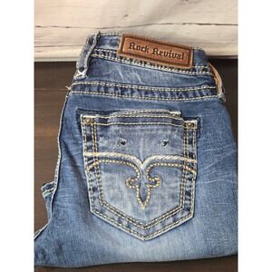 Rock Revival Dalia Skinny Jeans Womens 28 Blue Distressed Fleur-de-lis Low Rise